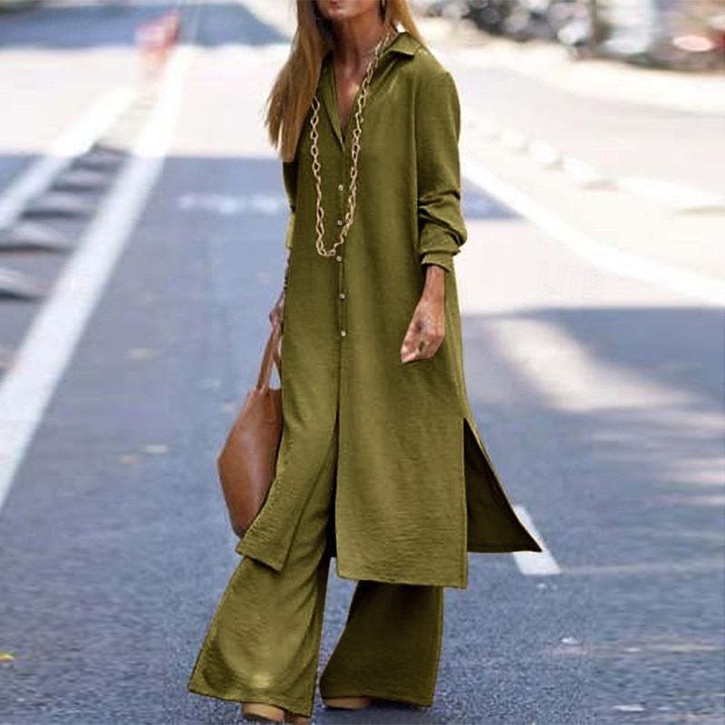 Femmes Actif Mode Chemisier Ensembles de Pantalons manche longue Col de chemise Couleur Unie Dubbele Rij Knopen Vacances Fête Vert Véronèse Bleu Marine Kaki Été Coupe régulière de 2025 ? $27.99 –P6