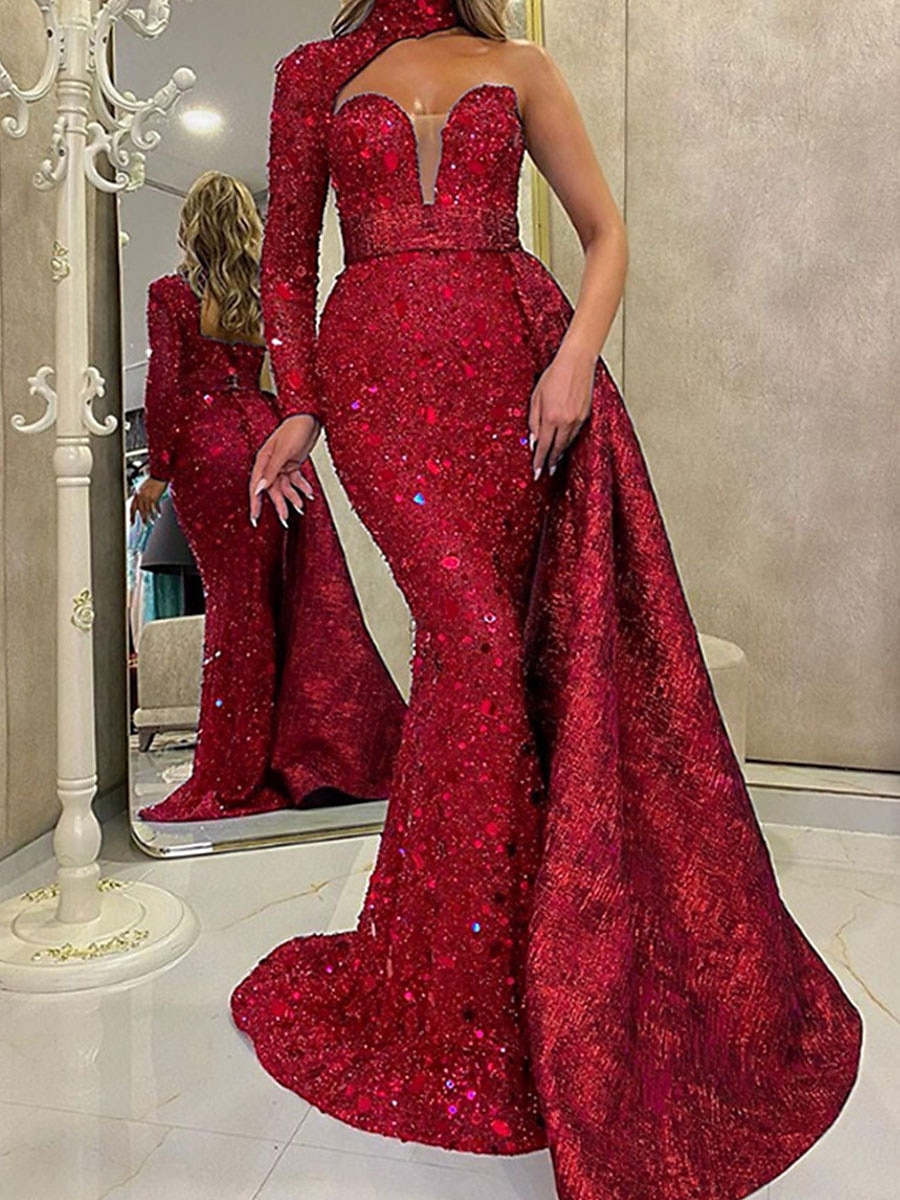 Abiti Quinceanera A-Line Abito Elegante Matrimonio Matrimonio Ospite Lungo Maniche Lunghe Una Spalla Senza Schiena con Paillettes del 2025 a $119.99 –P5