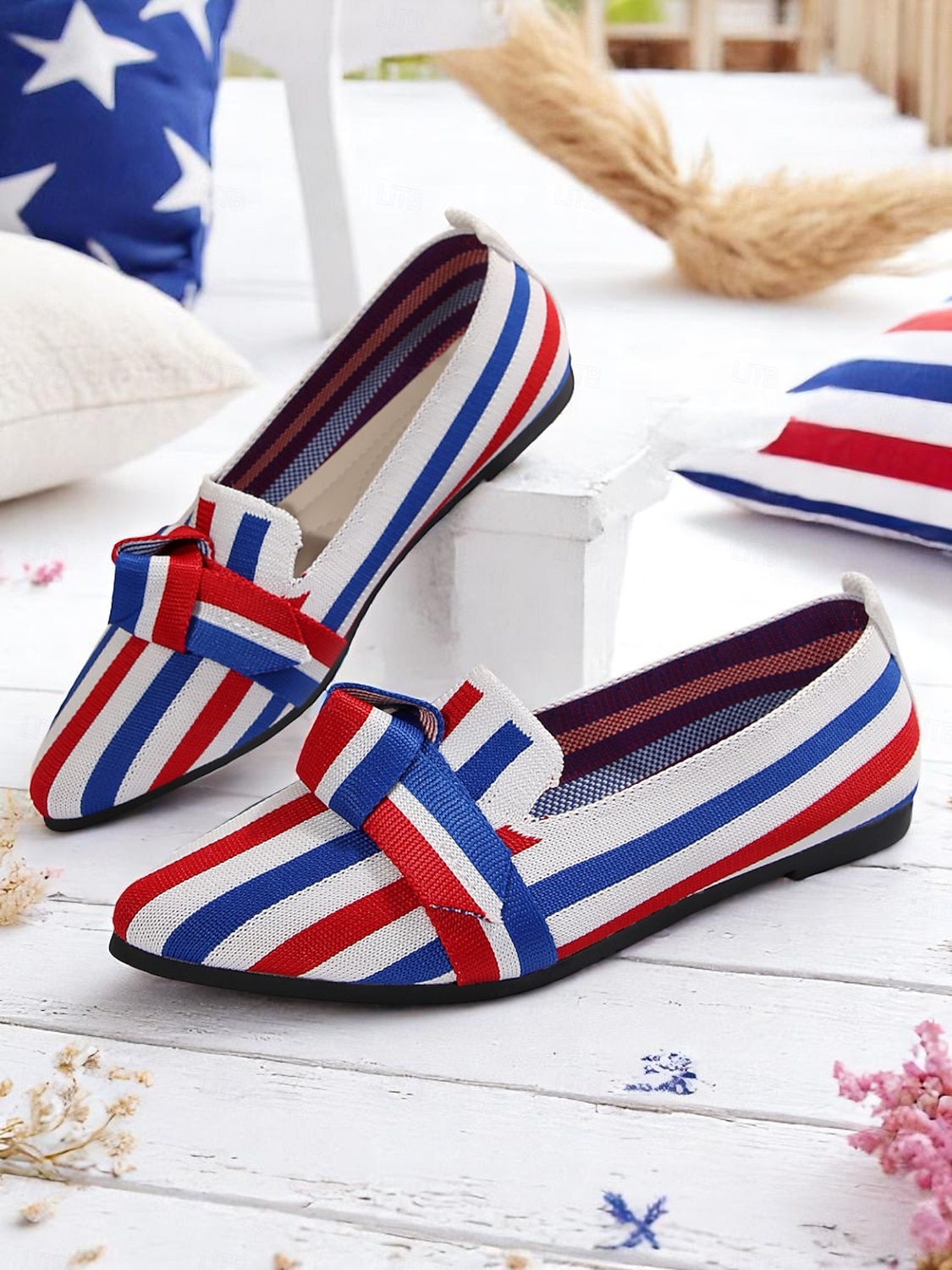 scarpe basse in maglia patriottiche da donna – scarpe basse a punta con fiocco per il giorno dell'indipendenza, picnic estivi e abbigliamento casual del 2025 a $19.99 –P3