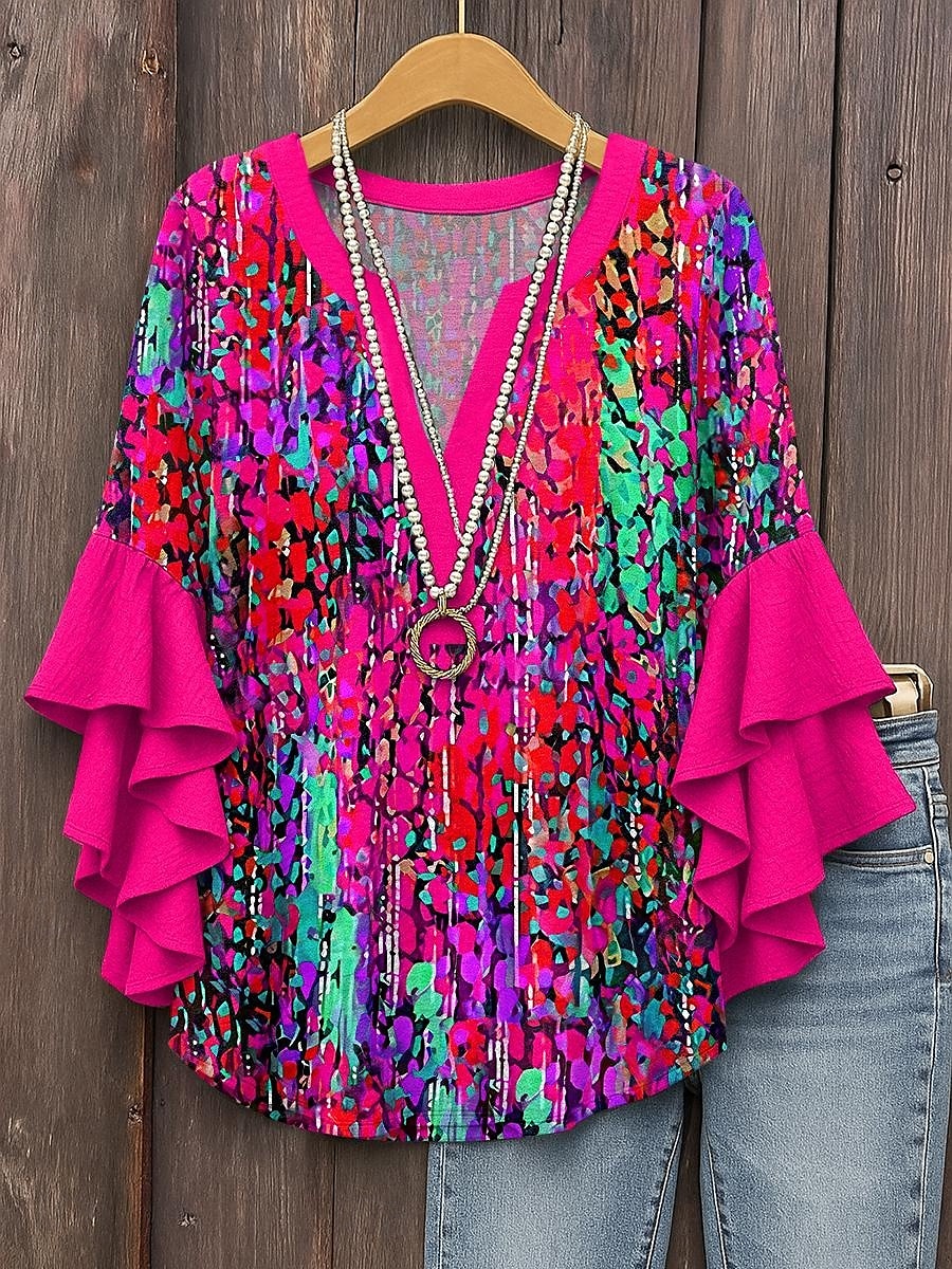 Damen Bluse mit gestuften Rüschensäumen Grafik Geometrisch Abstrakt Täglich Stilvoll Lässig 3/4-Ärmel V-Ausschnitt Reguläre Oberteile Tägliches Urlaubsbekleidung Druck Pink Rot Blau Lila Sommer 2025 - $29.99 –P4