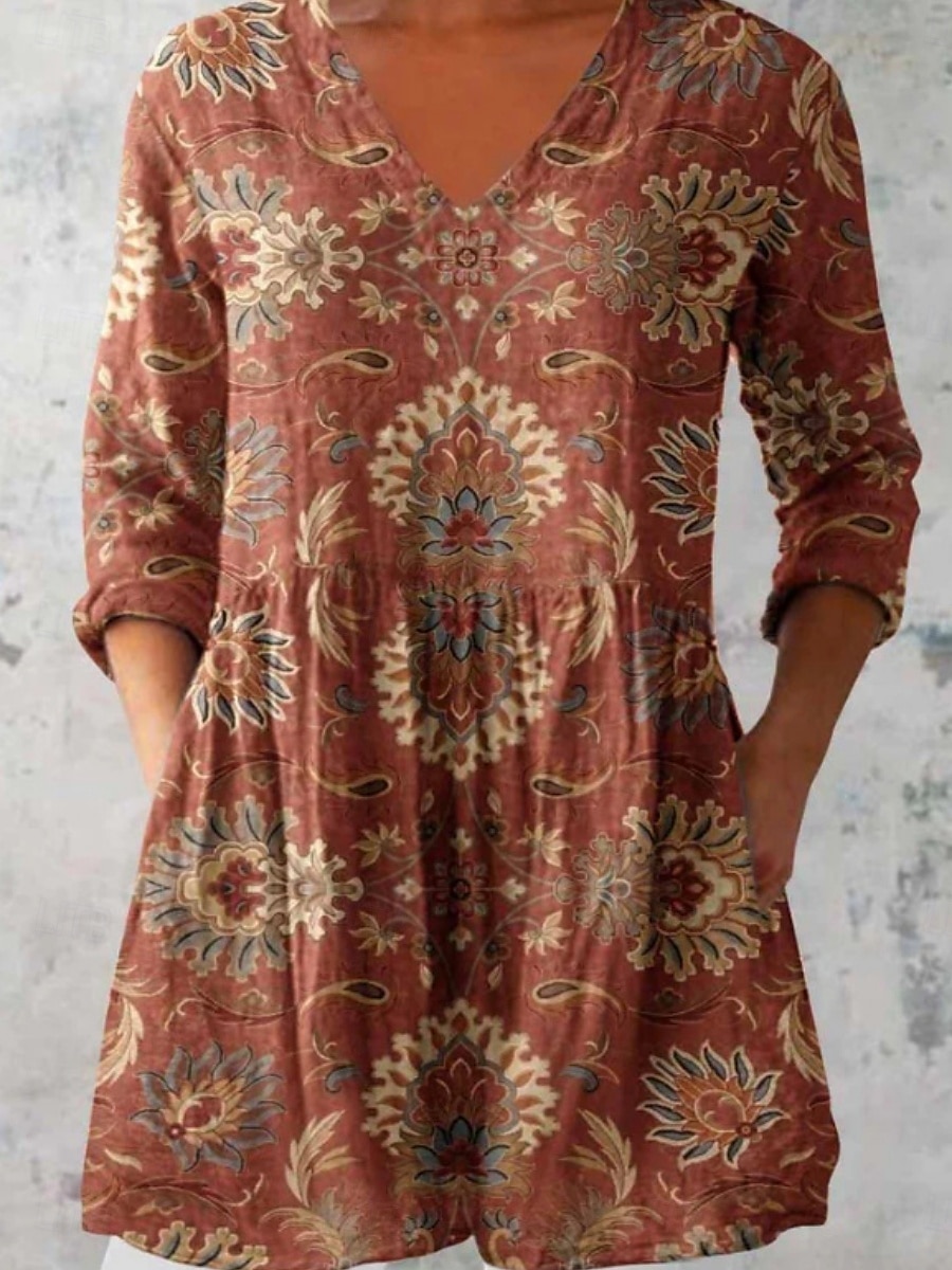 Women's Blouse Floral Graphic Bohemia Vintage Casual Long Sleeve V Neck Regular Tops Daily Going out Pocket Print Wine Blue Fuchsia Green Light Blue Summer 2025 - $29.99 –P2