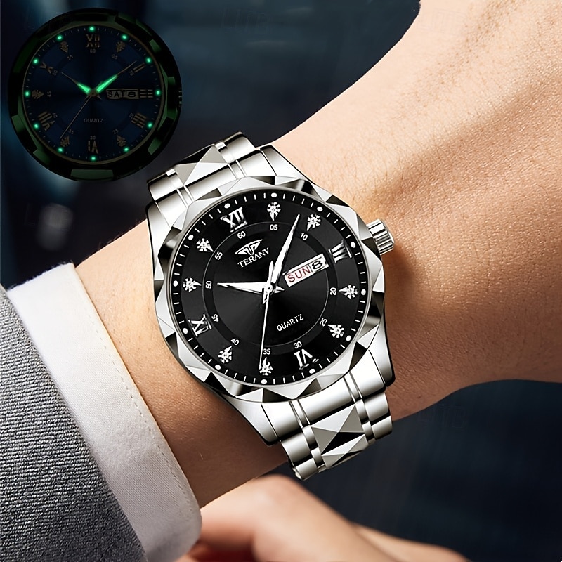 Dois mostradores romanos redondos com diamantes aquáticos, mostrador luminoso, relógio de casal ipx7 à prova d'água, relógio de quartzo com calendário e data, pulseira de aço inoxidável elegante, de 2025 por $29.99 –P6