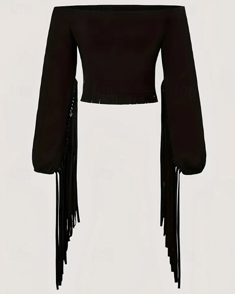 Damen Boho-Hemd Bluse Einfach Boho Langarm Schulterfrei Crop Tops Ferien Ausgehen Fransen Schwarz Braun Sommer 2025 - $18.99 –P3