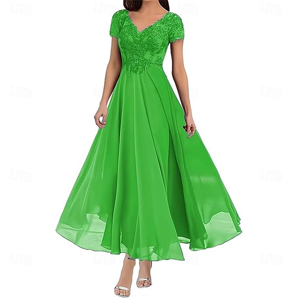 A-Linie Brautmutterkleid Elegant V Ausschnitt Bodenlang Polyester Kurzarm mit Einfarbig 2025 2025 - $119.99 –P11