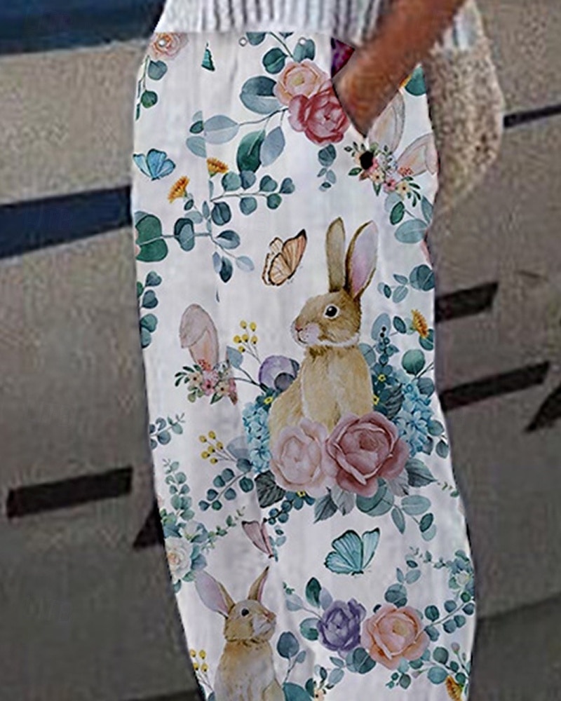 Mujer Pantalones inspirados en el lino Pantalones Harem Moda Boho Longitud total Media cintura Conejo Flor Cintura elástica Transpirable Cómodo Microelástico Calle Ropa Cotidiana Noche Azul Piscina 2025 - $28.99 –P2