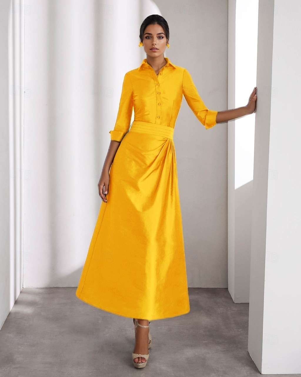 Green Yellow A-Line Cocktail Dresses Elegant Formal Wedding Guest Ankle Length Long Sleeve Shirt Collar Taffeta with Slit 2025 - $132.99 –P3
