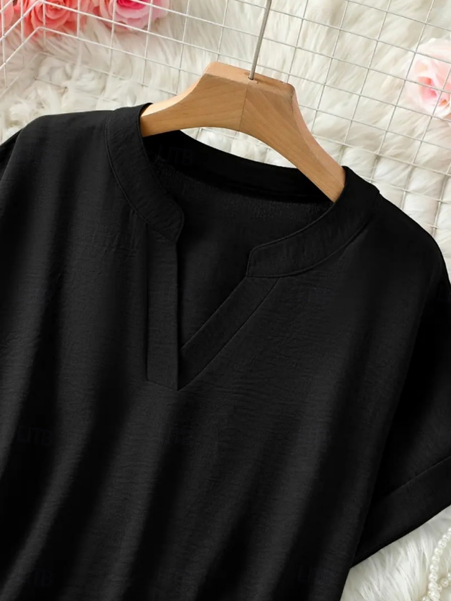 Dame Bluse Helfarge Stilfull Fritid Kortermet V-hals Vanlige topper Daglig Svart Militærgrønn Blå Sommer 2025 - $19.99 –P9