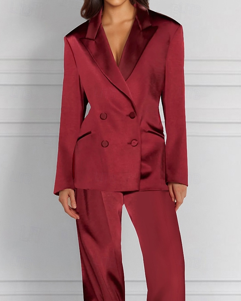 Tuta a Due Pezzi  Completo Completo per Madre della Sposa Giacca Doppiopetto Elegante Vintage Semplice Collo a V Lunghezza Piedi Satin Stretch Maniche Lunghe con Bottoni Coperti del 2025 a $179.99 –P2