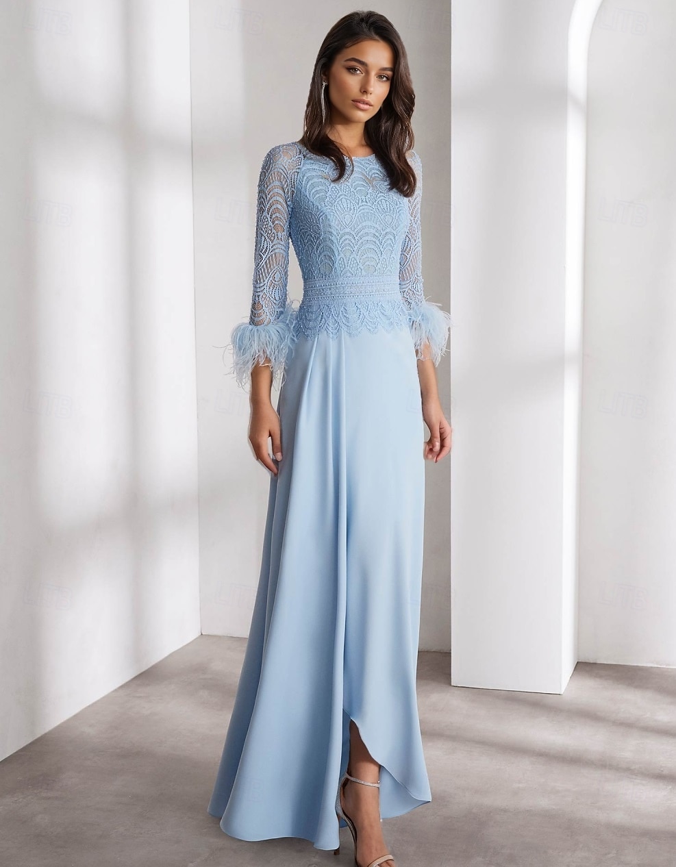 Modré A-line večerní šaty Elegantní Šaty Formální Svatební Délka Podlahy Dlouhý Rukáv Posádka Krk Chiffon s Peřím 2025 - $153.99 –P1