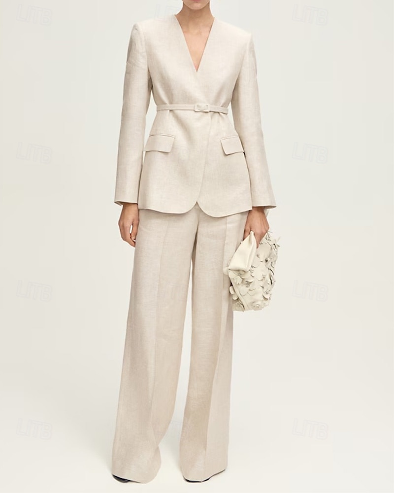 Blazer sans col ensemble deux pièces combinaison lin mélangé mère de la mariée combinaison élégante simple minimaliste en V longueur de sol manches longues avec couleur unie de 2025 ? $189.99 –P1