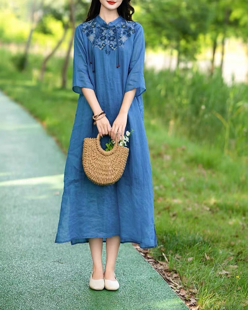 Pentru femei Rochii Midi Rochie din in bumbac Rochie florala Modă Modern Vacanță Zilnic Concediu Fit regulat Floare Manșon Jumate Guler de stand Roz Îmbujorat Albastru piscină Trifoi Caisă Vară 2025 - $28.99 –P10
