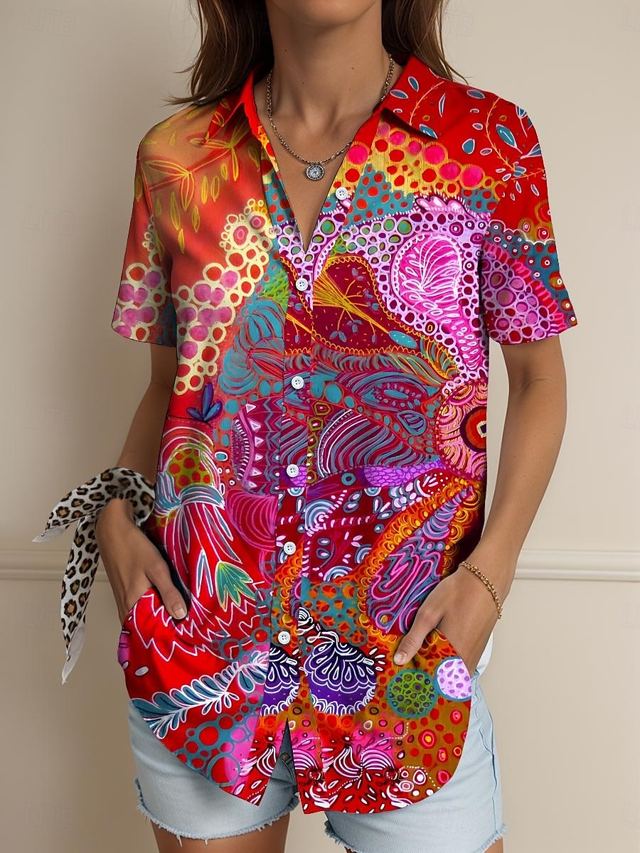 Femmes Chemise Graphique Géométrique Abstrait ancien Tropical Quotidien Manche Courte Col de chemise Hauts Réguliers Quotidien Rouge Bleu Violet Vert Été Printemps de 2025 ? $24.99 –P1