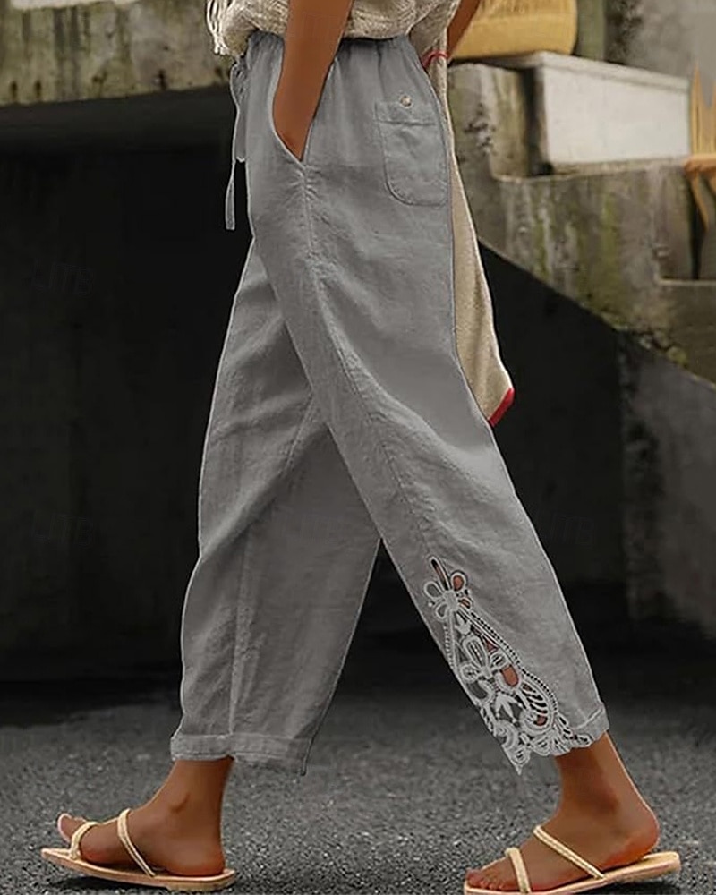 Women's Poly-Cotton Linen Texture Pants Cropped Pants Fashion Streetwear Comfort Ankle-Length Mid Waist Plain Lace Comfy Comfortable Street Daily Wear Going out Black White Blue Green Summer Regular 2025 - $14.49 –P9