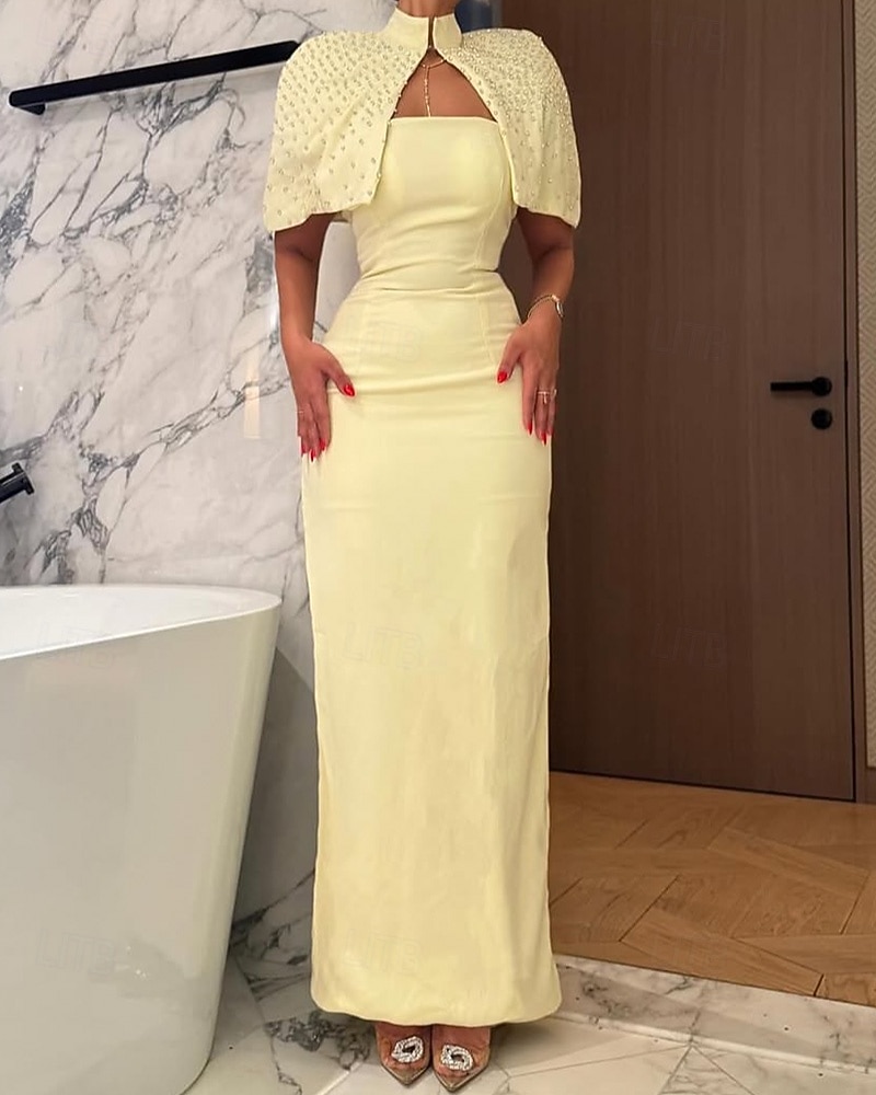 Cape Dress Crystal Mermaid / Trumpet Evening Gown Detachable Cape Elegant Dress  Formal Semi Formal Wedding Floor Length Sleeveless Mock Neck Stretch Crepe  2026 - AU $312.79