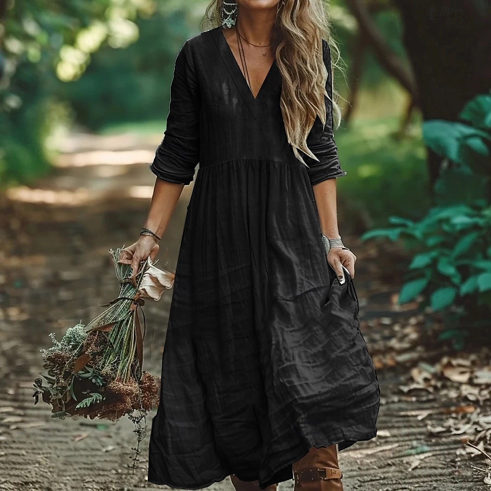 Femmes Robe Longue Maxi Robe Robes en coton et lin Robe Décontractée Robe bohème Mode Extérieur Soirée Fête Coupe régulière Uni manche longue Col en V Noir Vert Véronèse Orange Été de 2025 ? $28.99 –P1