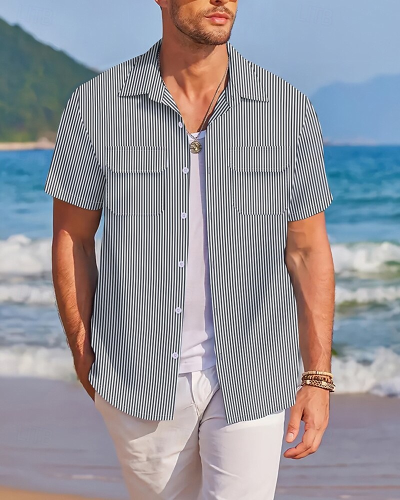 Herren Hemd Sommerhemd Freizeithemd Strandhemd Knopfhemd Rosa Wein Blau Grün Dunkel Blau Kurzarm Streifen Revers Urlaub Hawaiianisch Fronttasche Bekleidung Baumwollmischung Mode Lässig Bequem 2025 - $17.99 –P5