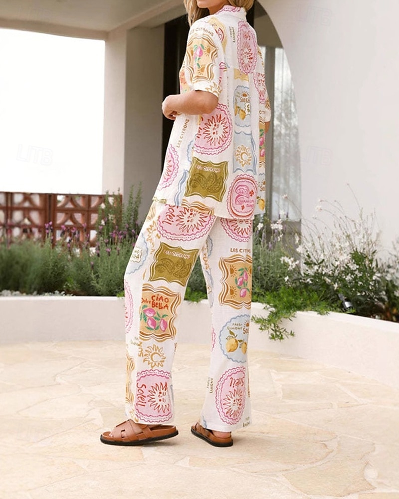 Damen Mode Streetwear Baumwoll-Leinen-Sets Hosen-Sets Kurzarm Hemdkragen Pflanze Druck Alltagskleidung Date Weiß Sommer Normale Passform 2025 - $43.99 –P5