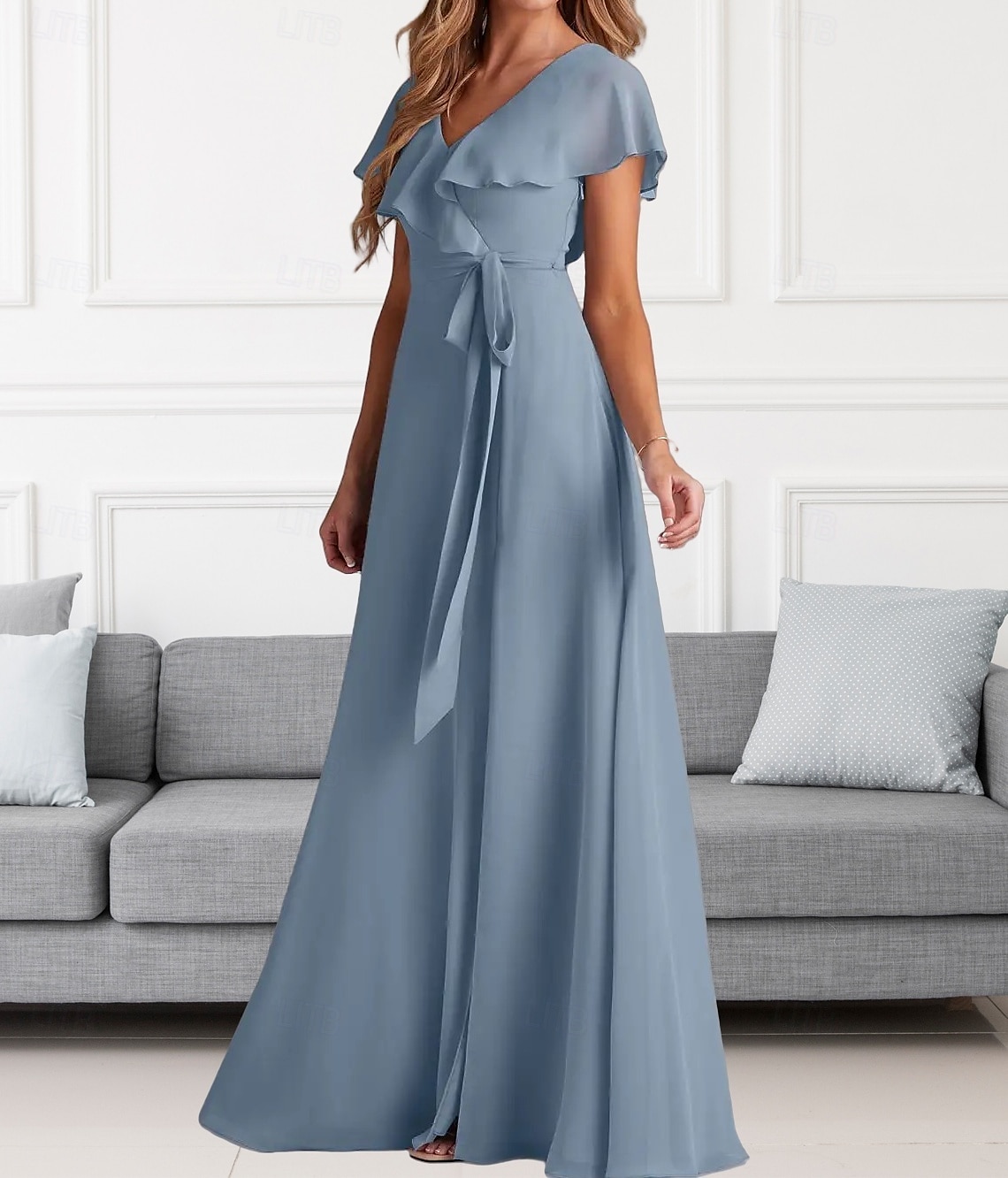 A-Line Bridesmaid Dress V Neck Short Sleeve Elegant Floor Length Chiffon with Sash / Ribbon / Ruffles / Split Front 2025 - $153.99 –P4