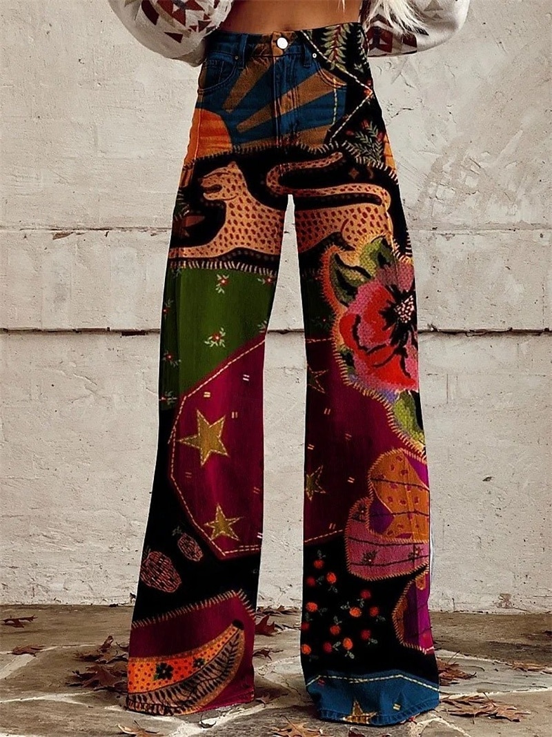 Retro 70. léta Báječný Kalhoty Široké legované kalhoty Hippie Disko Vysoký pas Psychedelické Styl falešných džínů Dámské Karneval Běžné / Denní hudební festival Retro tematická párty Dospělé Kalhoty 2025 - $35.99 –P4