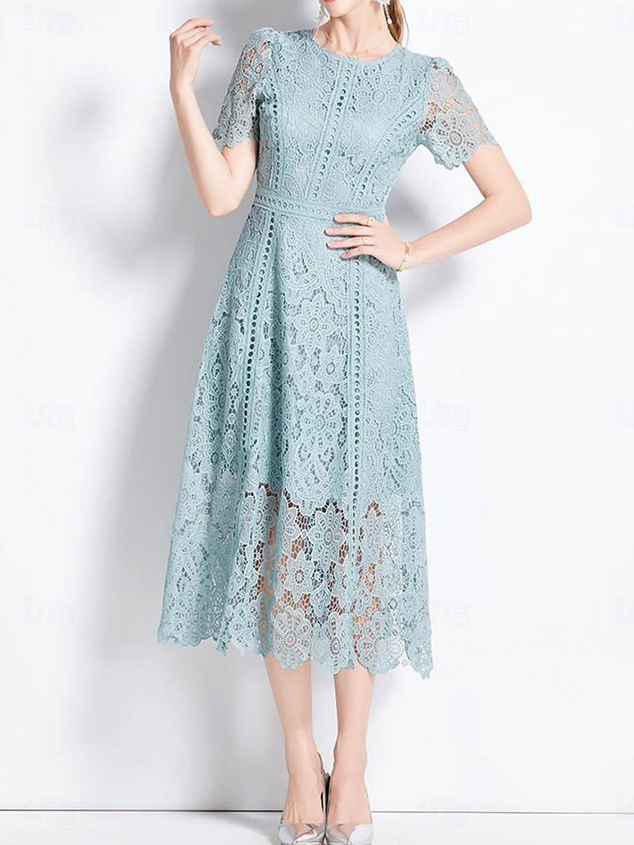 Abito Madre della sposa Abito elegante Collo tondo Lunghezza tè Pizzo Maniche corte con pizzo del 2025 a $99.99 –P2