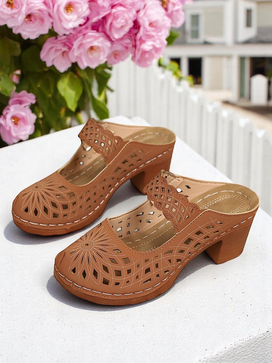 Damslip-on ihåliga mules med grov klack – vintagesandaler i konstläder, perfekta för avslappnade promenader, brunch i trädgården, konstmässor utomhus och vårresor 2025 - $24.99 –P1