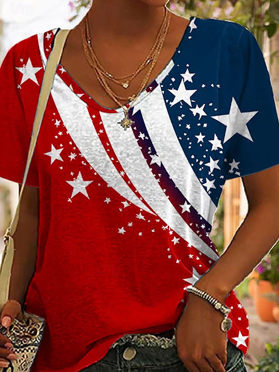 T-shirt patriote pour femmes pour le jour de l'indépendance graphique du drapeau vintage élégant décontracté à manches courtes col en V hauts réguliers quotidiens impression rouge été de 2026 ? $21.99 –P3
