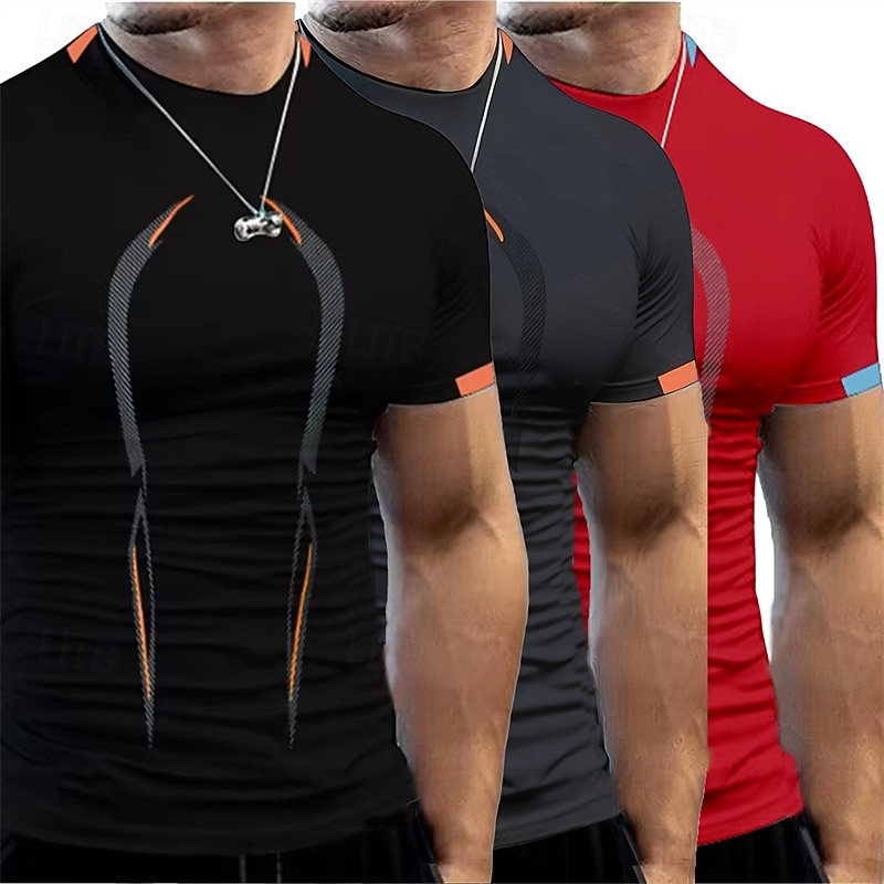 Multi-pakketten 3 stuks Voor heren Strakke ronde hals Korte Mouw Groen+Marineblauw+Zwart T-shirt Kleurenblok Sportief Sport Polyester Zomer 2026 - $33.99 –P6