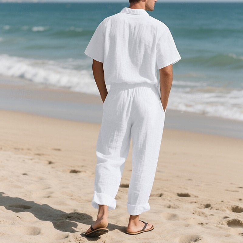 Men's Shirt Suits Shirt and Pant Sets 2 Pieces Outfits Short Sleeve Lapel Summer Plain Fashion Casual 2 Piece Vacation Daily Wear Going out Black White Khaki Top Tee for Men 2025 - $40.99 –P2