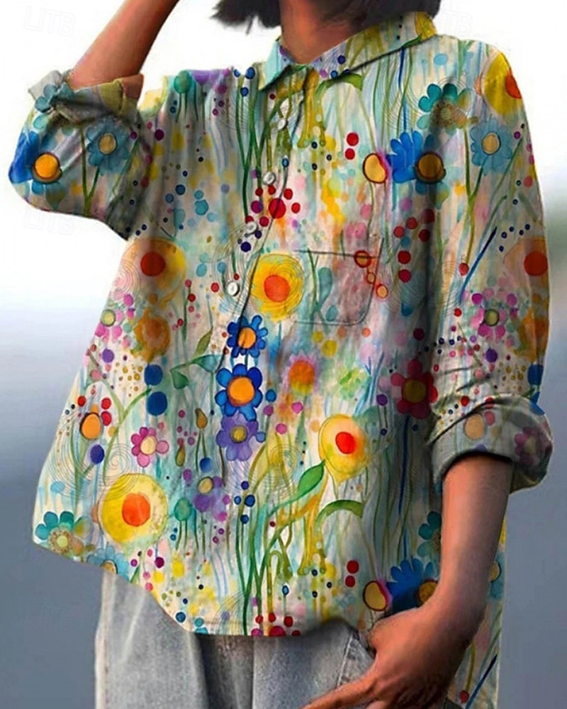 Damskie Koszula Koszula Boho Bluzka Kwiat Nowoczesny Boho Długi rękaw Kołnierzyk koszuli Zwykłe topy Codzienny Święto Wyjściowe Guziki Nadruk Zielony trawiasty Jasnozielony Granatowy Fioletowy Fuksja 2025 - $23.99 –P1