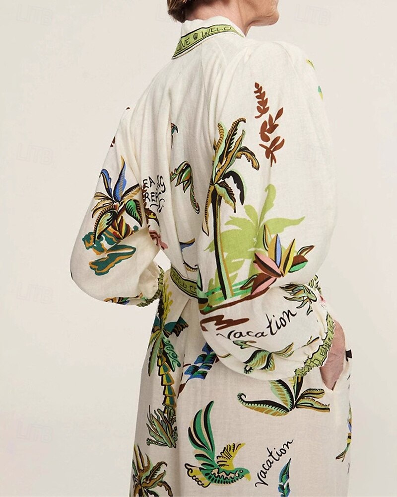 Femmes Robe Longue Maxi Robe Robes en coton et lin Robe Décontractée Mode Extérieur Soirée Fête Coupe régulière Fleur Manche 3/4 Col de chemise Vert Été de 2025 ? $42.99 –P4