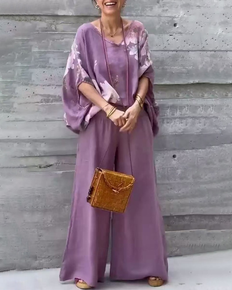 Per donna Attivo Camicie di cotone e lino Blusa Set di Pantaloni Mezza Manica Scollo a V Stampa Stampato Vacanza Ferie Blu marino Viola Marrone Estate Vestibilità regolare del 2025 a $26.99 –P4