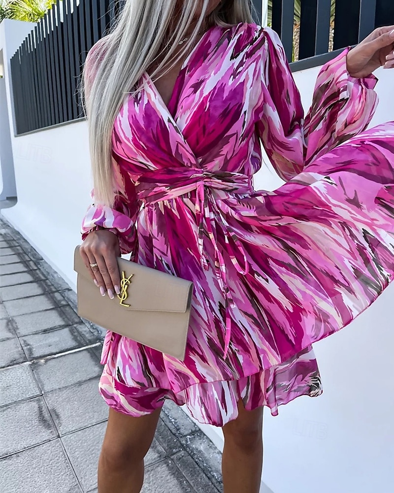 Femmes Mini Robe Robe Décontractée Mode Extérieur Soirée Fête Coupe régulière Graffiti manche longue Col en V Violet Été de 2025 ? $29.99 –P3