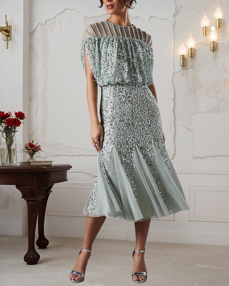 Robe A-Line Mère de la Mariée Mariage Plage Simple Luxueuse Col Ronde Robe Invité de Mariage Longueur Thé Midi Longueur Dentelle Sequins Manches Courtes avec Perles de 2025 ? $159.99 –P1