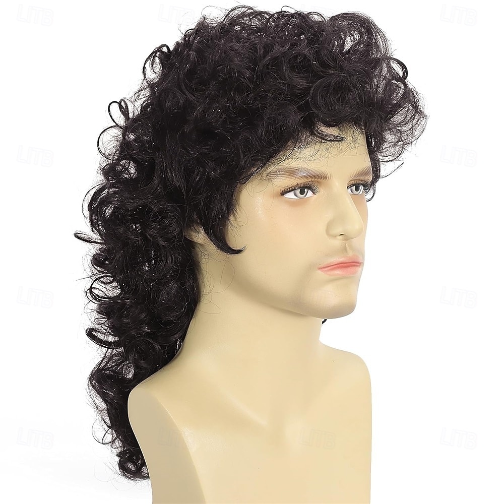 Hnědé kudrnaté mullet paruky pro muže 80. let dlouhé kudrnaté hippie rockové kostýmy cosplay paruka Halloweenské paruky 2025 - $25.99 –P4