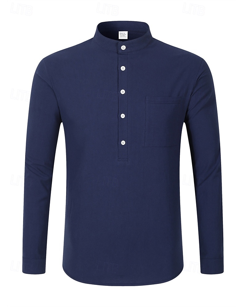 Herren Hemd Leinenhemd Popover-Hemd Freizeithemd Baumwollhemd Einfach Urlaub Hawaiianisch Schwarz Weiß Rosa Marineblau Langarm Stehkragen Frühling Herbst Bekleidung 2025 - $21.99 –P8