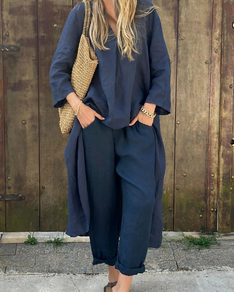 Femmes Actif Chemises en coton et lin Chemisier Ensembles de Pantalons manche longue Col en V Couleur Unie Fête Week-end Noir Blanche Jaune Été Coupe régulière de 2025 ? $37.99 –P9