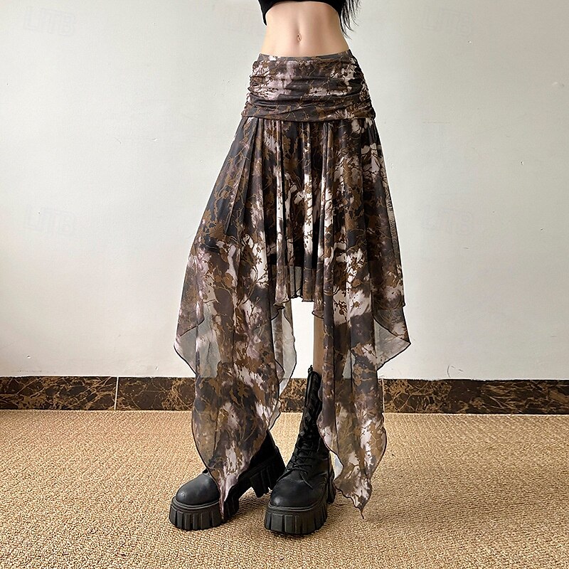 Damen Rock Mode Boho Midi Mittlere Hüfthöhe Röcke Blumen Unregelmäßiger Saum Druck Mikroelastisch Urlaub Straße Braun Sommer Polyester 2025 - $26.99 –P3
