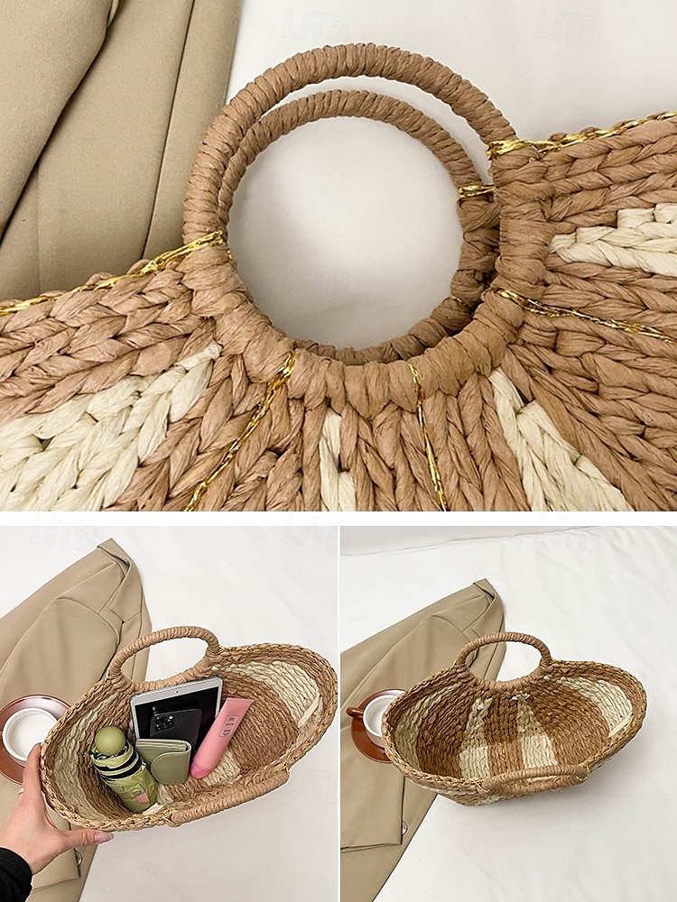 Sac de plage élégant en paille tressée pour femme avec poignées circulaires, grande capacité, design bohème écologique, parfait pour l'été, les vacances et les excursions d'une journée de 2025 ? $26.99 –P6