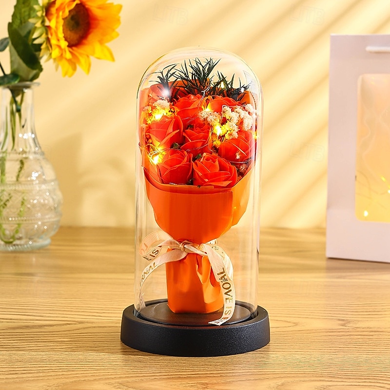 El ramo de rosas eternas, regalo para mamá, flores de jabón preservadas en cúpula de vidrio con luz, decoración de cumpleaños del día de la madre para mujeres 2026 - $15.99 –P12
