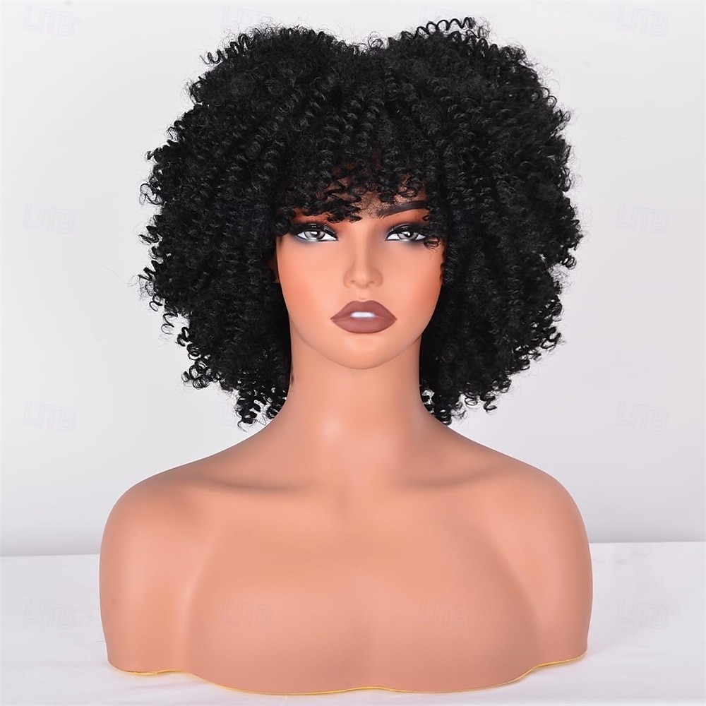 Perruques afro pour femmes noires 10 pouces 230g/pièce Perruque synthétique résistante à la chaleur avec des frisottis courts et une frange pour fête des années 70 Halloween de 2025 ? $25.99 –P2