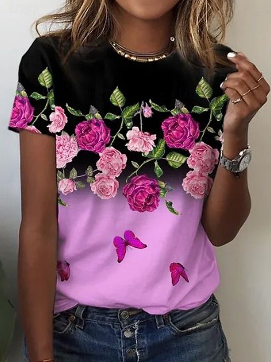 Pentru femei Tricou Ombre Floral Grafic Epocă Stilat Clasic Manșon scurt Stil Nautic Rotund Topuri obișnuite Zilnic Imprimeu Roz Îmbujorat Albastru piscină Portocaliu Vară 2025 - $19.99 –P1