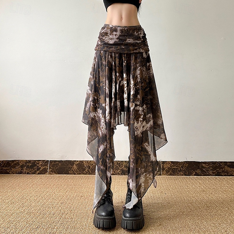 Damen Rock Mode Boho Midi Mittlere Hüfthöhe Röcke Blumen Unregelmäßiger Saum Druck Mikroelastisch Urlaub Straße Braun Sommer Polyester 2025 - $26.99 –P2