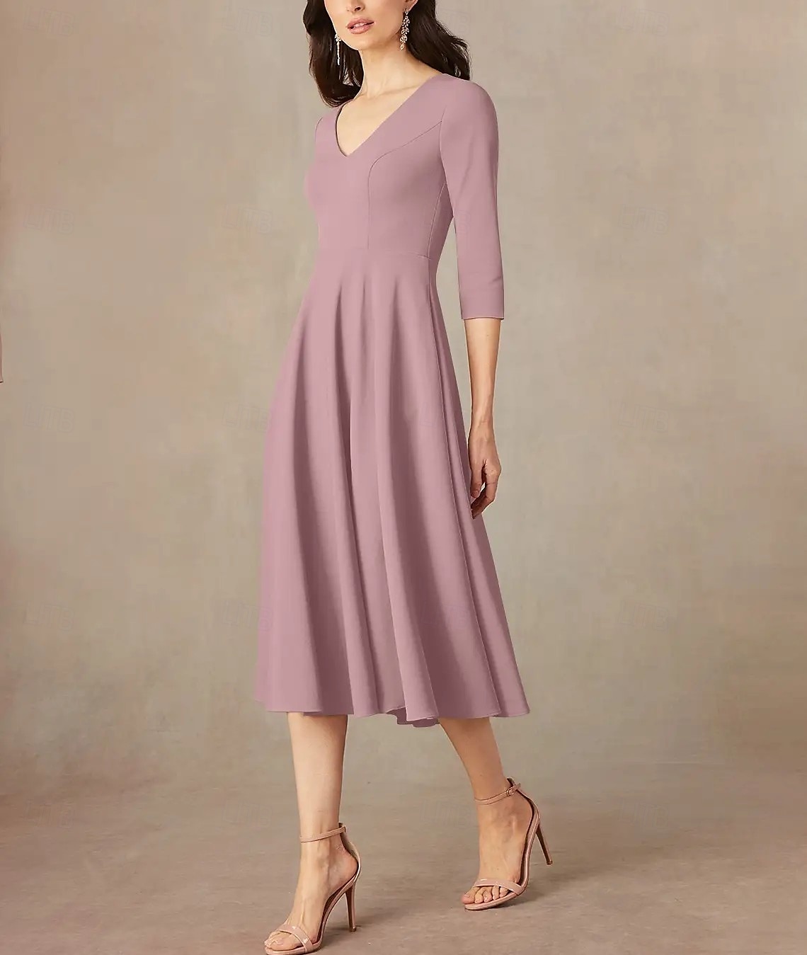 Abito A-Line madre della sposa ospite matrimonio elegante minimalista scollatura a V lunghezza tè in raso italiano manica a tre quarti con drappeggio del 2025 a $142.99 –P3