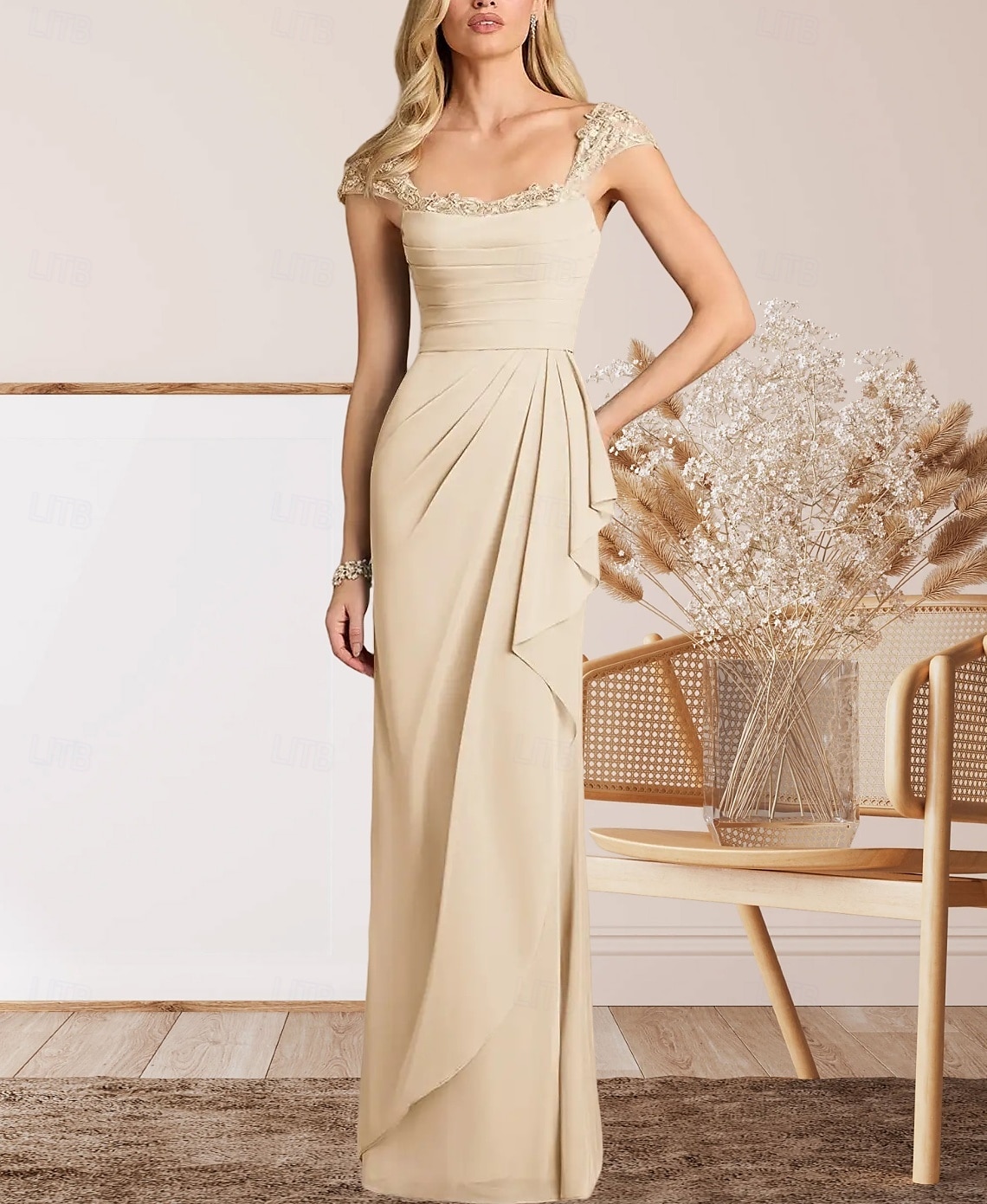 A-Lijn Moeder van de Bruid Jurk Bruiloft Gast Elegante Hartvormige Vloerlengte Chiffon Kap Mouw met Kant Ruching 2025 - $161.99 –P3