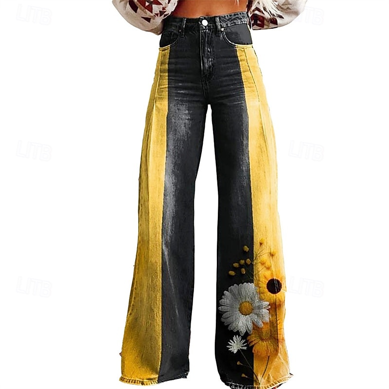 Retro vintage Boho Jaren '70 Broeken Broek met wijde pijpen Hippie Schijf Hoge taille Bloemig Madeliefje Faux Jeans Stijl Kostuum Dames Carnaval Casual / Dagelijks muziekfestival Retro themafeest 2026 - $35.99 –P4