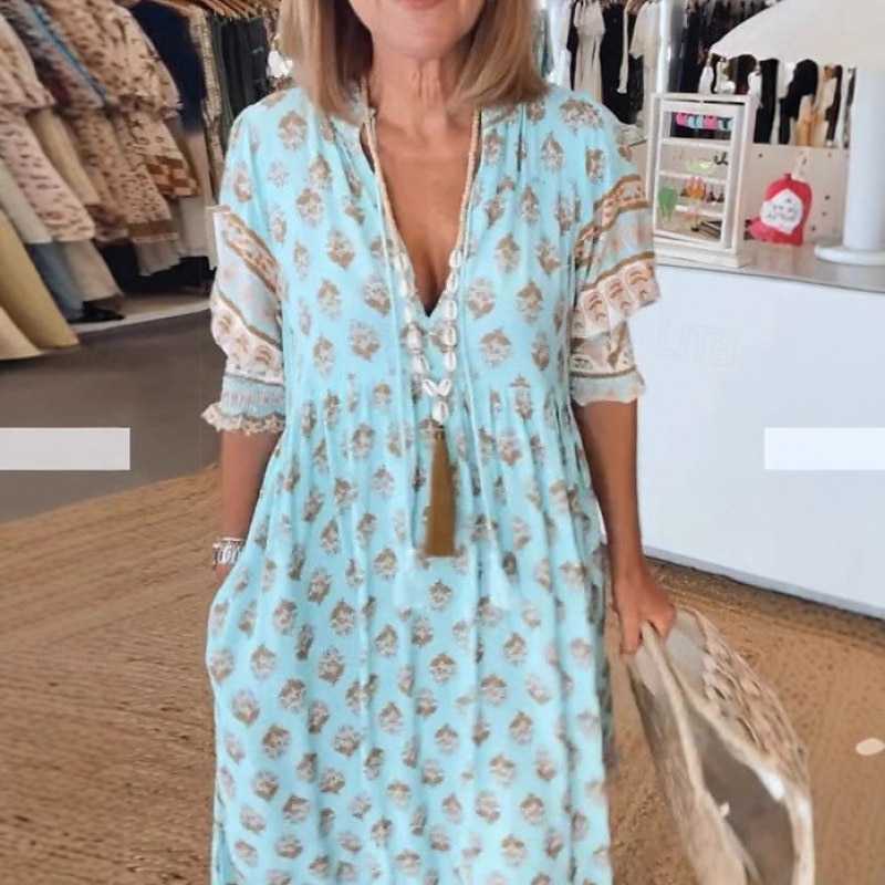 Pentru femei Rochie Lunga Rochie Maxi Rochie casual Rochie Boho Modă În aer liber Petrecere Concediu Fit regulat Geometric Manșon scurt În V Roz Îmbujorat Albastru piscină Trifoi Vară 2025 - $28.99 –P2