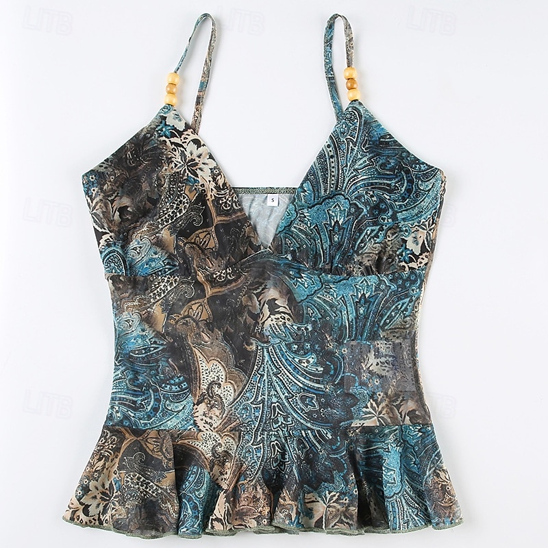 Dame Boho skjorte Bluse Blomsternål i krystall Moderne Bohem Ermeløs Med stropper Vanlige topper Daglig Ferie Ut på byen Trykt mønster Grønn Sommer 2025 - $16.99 –P4