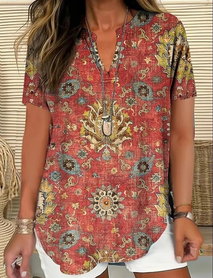 Femmes Chemise Bohème Graphique Paisley Élégant Bohème ancien Manche Courte Col en V Hauts Réguliers Quotidien Fête Sortir Blanche Rose Claire Rouge Bleu Violet Été de 2025 ? $22.99 –P2