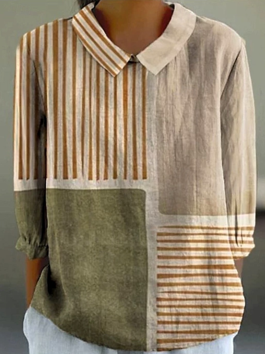 Dame Bluse Grafisk Geometrisk Stripet Årgang Tropisk Stilfull Kortermet Skjortekrage Vanlige topper Arbeid Daglig Trykt mønster Hvit Gul Oransje Kakifarget Sommer Vår 2025 - $23.99 –P1