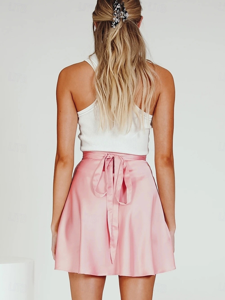 Women's Skirt A Line Solid Color Fashion Casual Mini High Waist Skirts Plain Micro-elastic Street Daily Wine White Champagne Pink Summer Satin 2025 - $18.99 –P19
